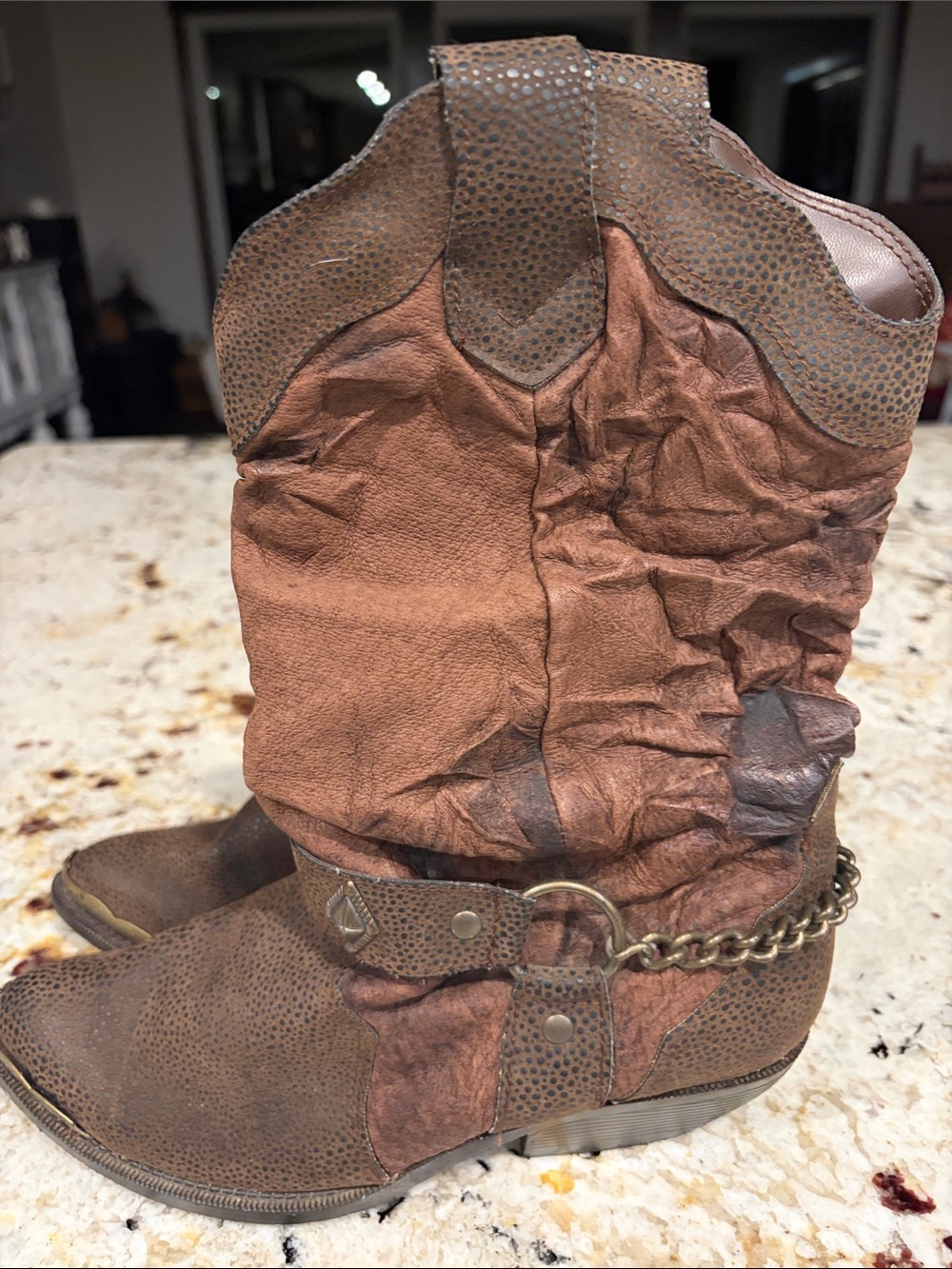 The Leather Collector Brown Slouchy Western Chain-Accent Ankle Boots